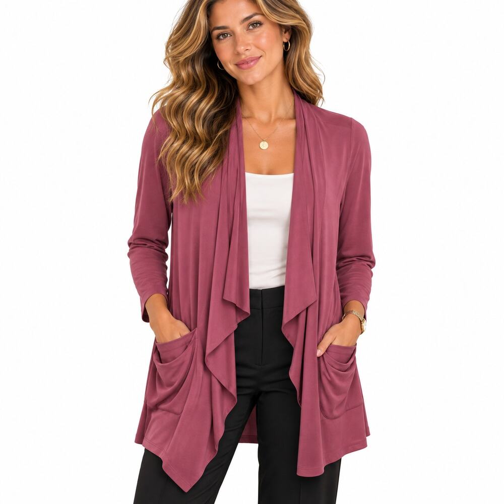Susan Graver Liquid Knit Cardigan Women's Size LP Dusty Pink Casual Office Boho